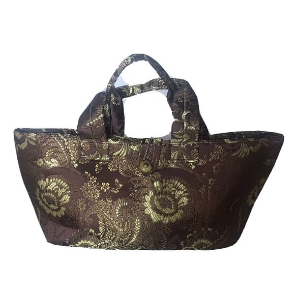 Vintage Purse Brocade Fabric Handbag Metallic Brown Gold Faux Marble Button - Picture 11 of 11